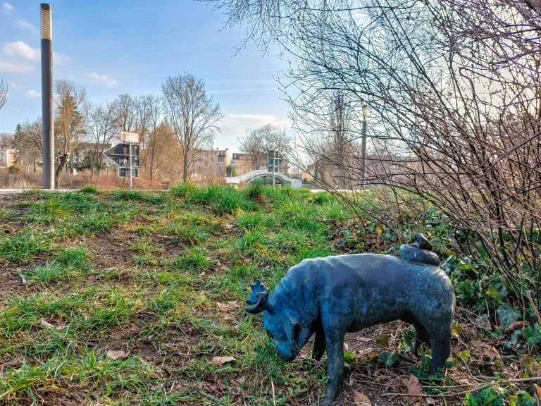 Waldmops an der Havel im Hintergrund zusehen die Bauchschmerzenbrücke