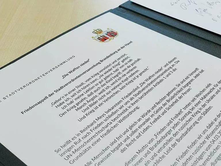 Friedensappell der Stadtverordnetenversammlung Brandenburg an der Havel Foto: Stadt Brandenburg an der Havel