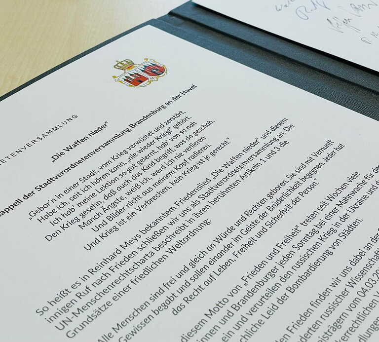 Friedensappell der Stadtverordnetenversammlung Brandenburg an der Havel Foto: Stadt Brandenburg an der Havel