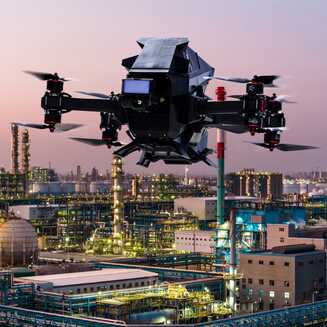 Drohne fliegt über Industrieanlage bei Dämmerung. Modellbild Foto: Heidelberger Druckmaschinen AG