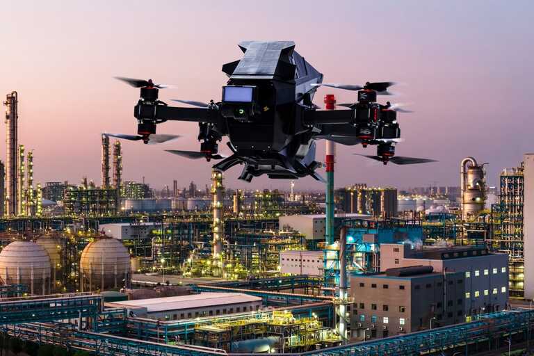 Drohne fliegt über Industrieanlage bei Dämmerung. Modellbild Foto: Heidelberger Druckmaschinen AG