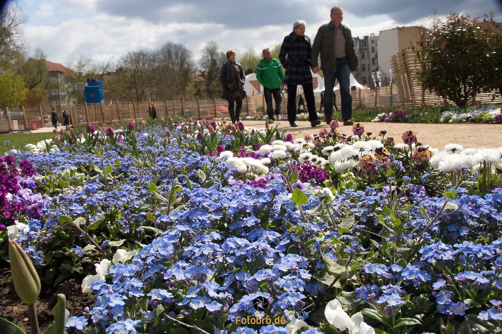 Blumenbeet mit Spaziergängern im Hintergrund. Zeitreise zur BUGA 2015